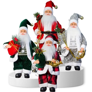 Set of four standing Santa Claus dolls in various colors with festive accessories