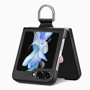 Detail of black leather-textured phone case with metal D-ring for Galaxy Z Flip series