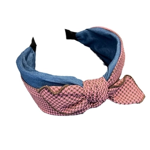 Serre-tête noeud en patchwork vichy rose et denim bleu de style vintage ethnique chic