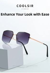 Detail of rimless polygon sunglasses with purple gradient lenses and rose gold metal arms