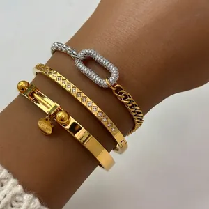 Bi Color Spliced Chain Bracelet Stainless Steel 18K Gold Plated Micro Pave Cubic Zirconia Retro Trendy Hip Hop For Women