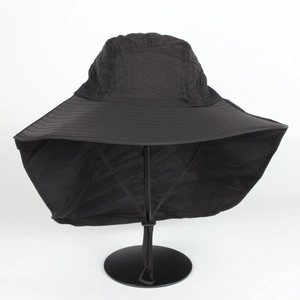 Detail of black sun hat featuring wide brim, breathable mesh and neck protection flap