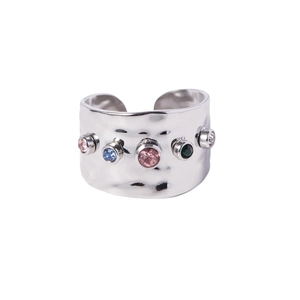 Polished silver stainless steel open ring with colorful zircon stones and hammered texture