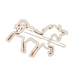 Golden horse-shaped hair clip with white enamel finish on a clean white background