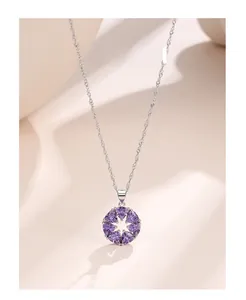 Detailed view of 925 silver necklace with purple heart shaped zircon flower pendant
