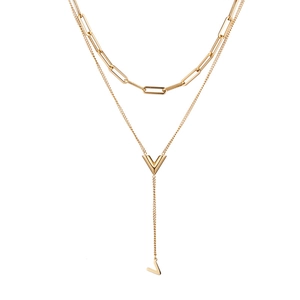 Double-layered 18K gold plated titanium necklace with V pendant and fringe tassel