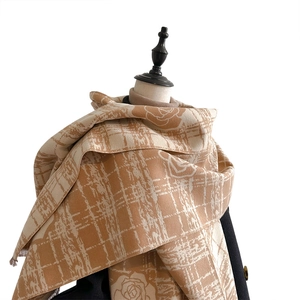 Elegant khaki cashmere-feel scarf with rose floral and check pattern with fringe