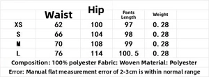 Size chart for linen-style trousers showing waist, hip, and length measurements in cm