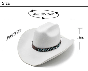 Dimensions détaillées du chapeau de cowboy blanc en laine avec bandeau perlé et bord large