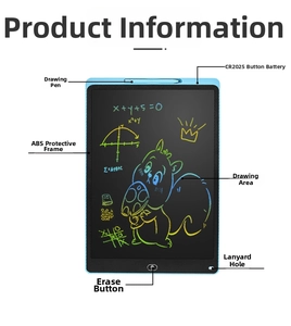 Detail view of 12-inch LCD drawing tablet showing lock key and colorful writing stylus