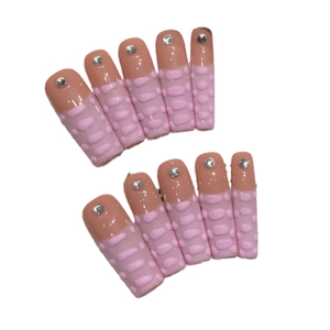 French style 3D crocodile texture press-on nails in pink with rhinestones and long square shape