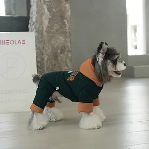 Dog winter jumpsuit in retro green and orange, warm windproof hooded cotton coat