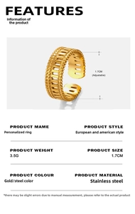 Detailed size specifications of the adjustable golden stainless steel layered ring