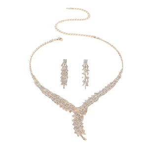 Elegant gold-tone leaf-shaped necklace and earrings set with sparkling rhinestones for gala
