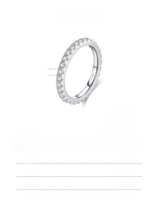 Detailed specs of S925 silver eternity ring with 31 Moissanite stones and 2mm band width