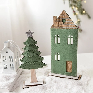 Mini sapin de Noël en feutre et maisonnette en bois pour décoration de table