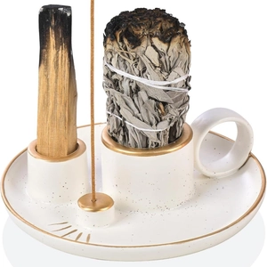 Ceramic Palo Santo and sage holder with gold rim featuring spotted white glaze finish