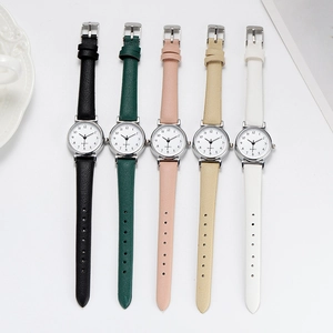 Elegant women's quartz watches with leather straps in five colors on a white background