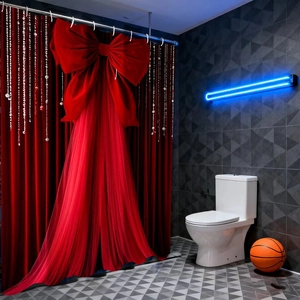 Détail rideau de douche à gros nœud en velours rouge avec franges en perles et crochets blancs