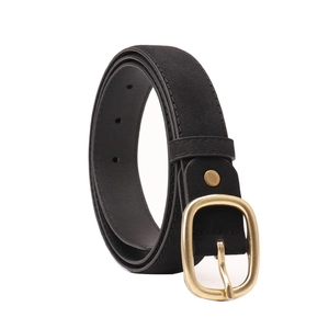 Women's black suede leather belt with a golden oval buckle, minimalist casual style
