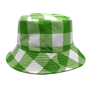 Detail view of green and white gingham bucket hat fabric with reinforced brim stitching