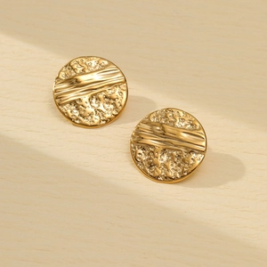 Golden titanium steel earrings with frosted pleated texture in a round vintage design