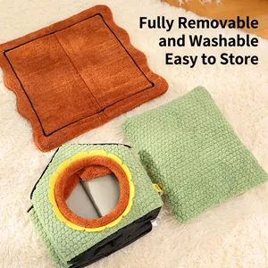 Three-piece washable semi-enclosed warm pet bed with toast cushion and fleece blanket