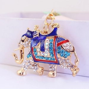Sparkling crystal elephant keychain with blue rhinestones and gold-tone metal plating