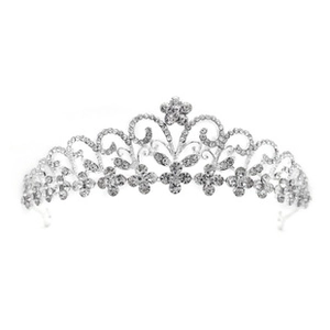 Detailed close-up of a silver bridal crown with intricate floral rhinestones and alloy patterns