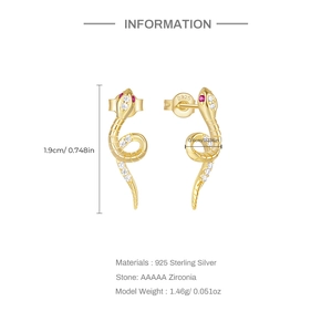 Detailed size view of S925 sterling silver snake earrings with 5A zircon and 18k gold
