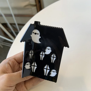 Ghost house Halloween hair claw clip in black acrylic with spooky white patterns