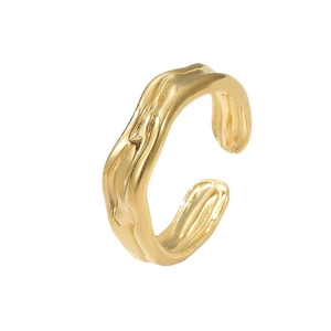 Minimalist golden titanium steel ring with irregular wave texture and adjustable open band