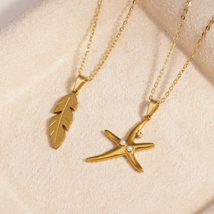 Fashion Starfish Feather Leaf Pendant Necklace Gold Plated Stainless Steel With Artificial Pearl Rhinestone Minimalist For Women