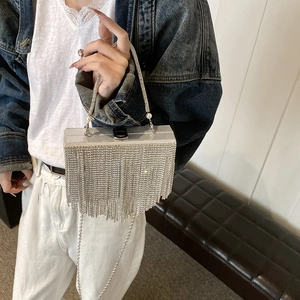 Silver rhinestone evening bag with fringe tassels, pearl handle, and chain strap for women
