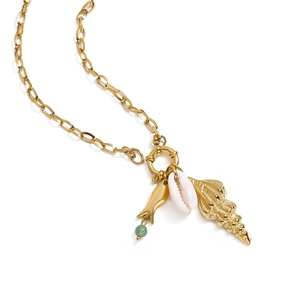 Collier nautique en acier doré 18K avec pendentifs coquillage, poisson et conque