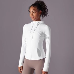 Close-up of white sun protection hoodie featuring zipper and functional thumbhole cuffs