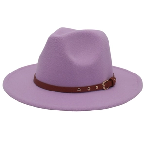 Detail of light purple wool fedora hat with a brown leather belt and gold metal buckle