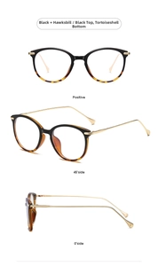 Detailed views of black and tortoiseshell cat-eye glasses with champagne gold temples