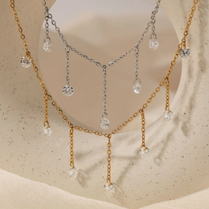 Minimalist Stainless Steel Zircon Tassel Necklace Delicate Waterproof Dangle Drop Jewelry For Women Elegant Accessory