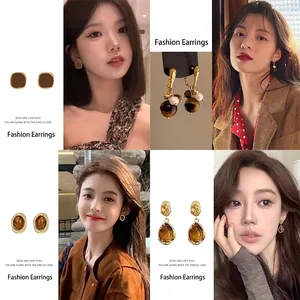 Vintage Geometric Tiger Eye Stone Stud Earrings With 925 Sterling Silver Earring Post Gold Plated For Women Elegant