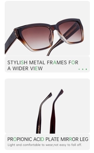 Detail view of brown gradient cat-eye sunglasses with metal frames and acetate temples