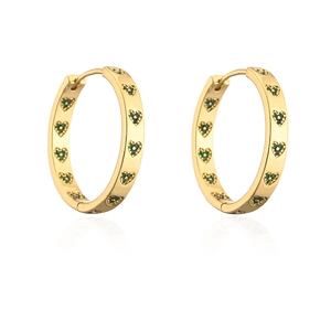 Detailed view of 18K gold plated hoop earrings featuring small dark green heart zircons