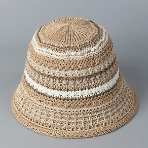 Knitted Bucket Hat Women Hollow Color Block Stripe Sunshade Summer Outdoor Beach Fisherman Hat Breathable Polyester