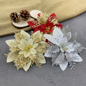 Artificial Christmas Poinsettia Flowers Glitter Hollow Fabric Plastic Sparkling Ornaments For Tree Wreath Party Decor