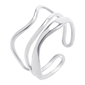 Detail shot of the adjustable silver stainless steel ring with a triple wave hollow design
