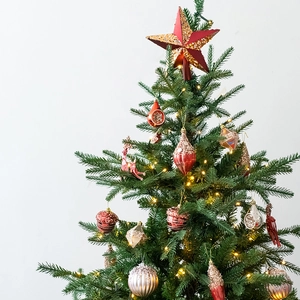 Red Christmas tree ornament set including star topper, festive baubles and LED lights