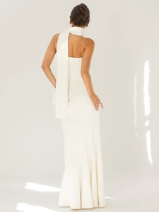 Elegant white ribbed maxi dress with matching scarf showing sleek back profile design