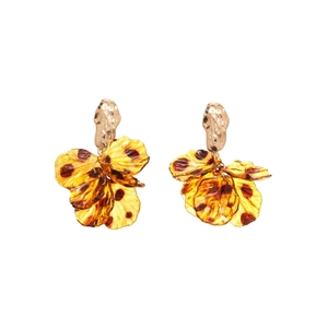 Hammered gold earrings with translucent leopard print petals and silver needles