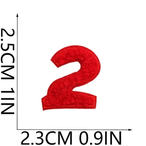 Detailed size measurement of red chenille number 2 patch with 3D embroidery texture