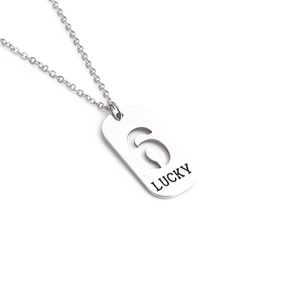 Titanium steel hip hop necklace with rectangular Lucky pendant and hollow numeric design